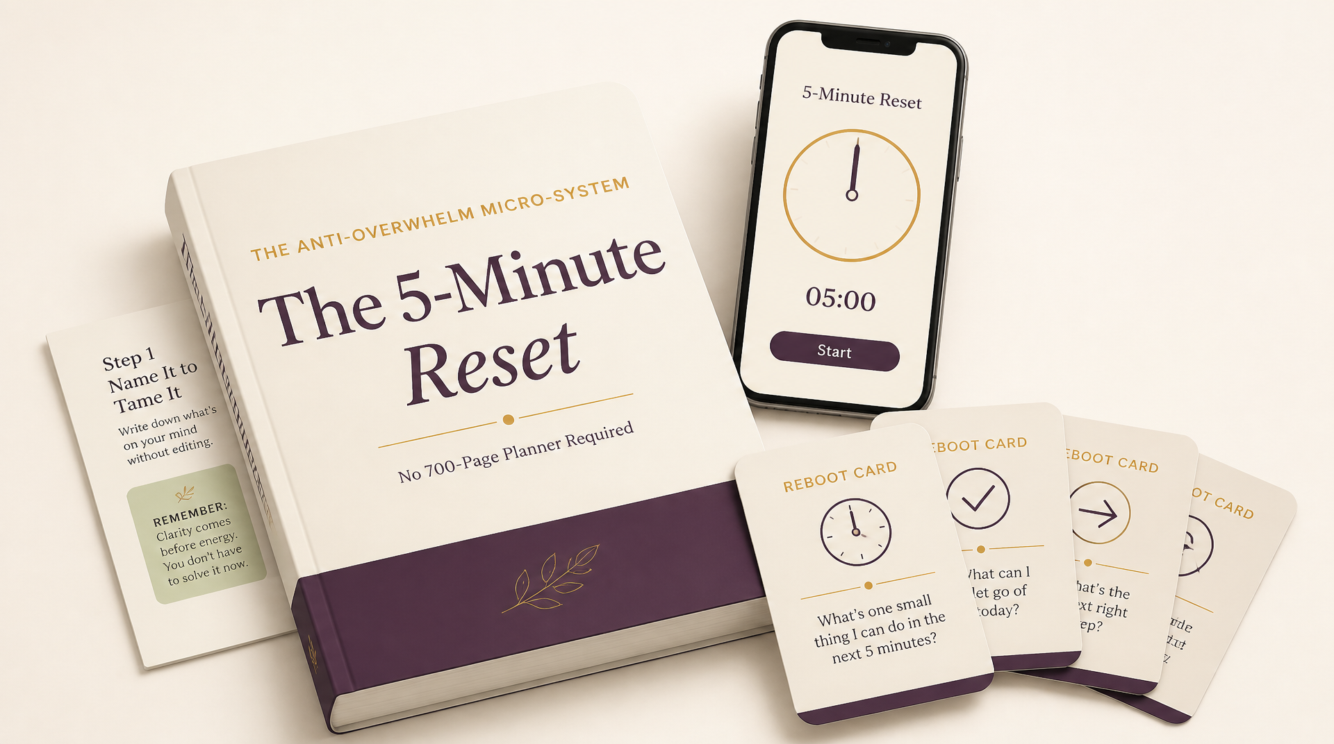 The 5-Minute Reset product mockup showing the guidebook, phone timer, and Reboot Cards
